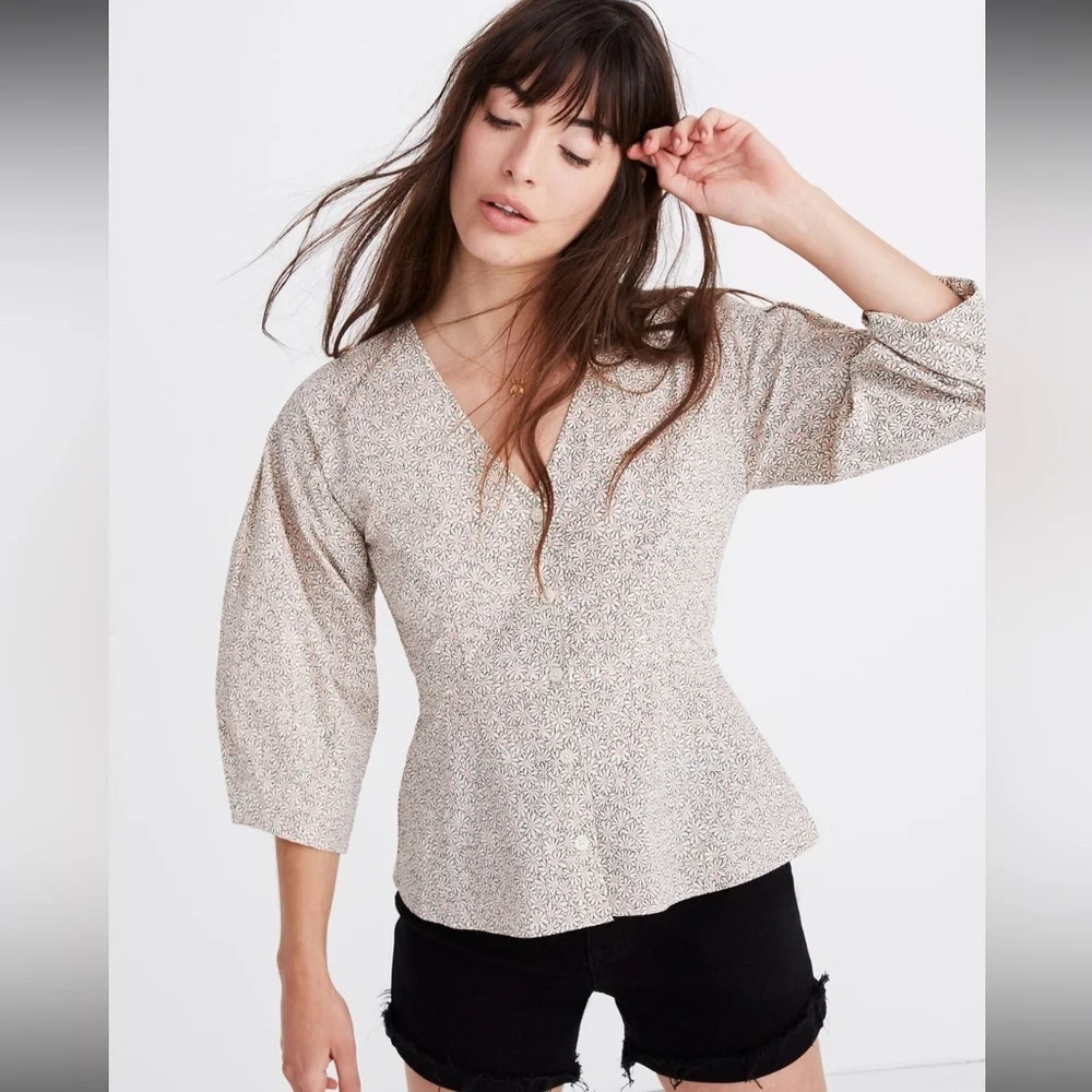 Madewell florentine peplum top daisy patch puff sleeve‎ blouse button Size 2